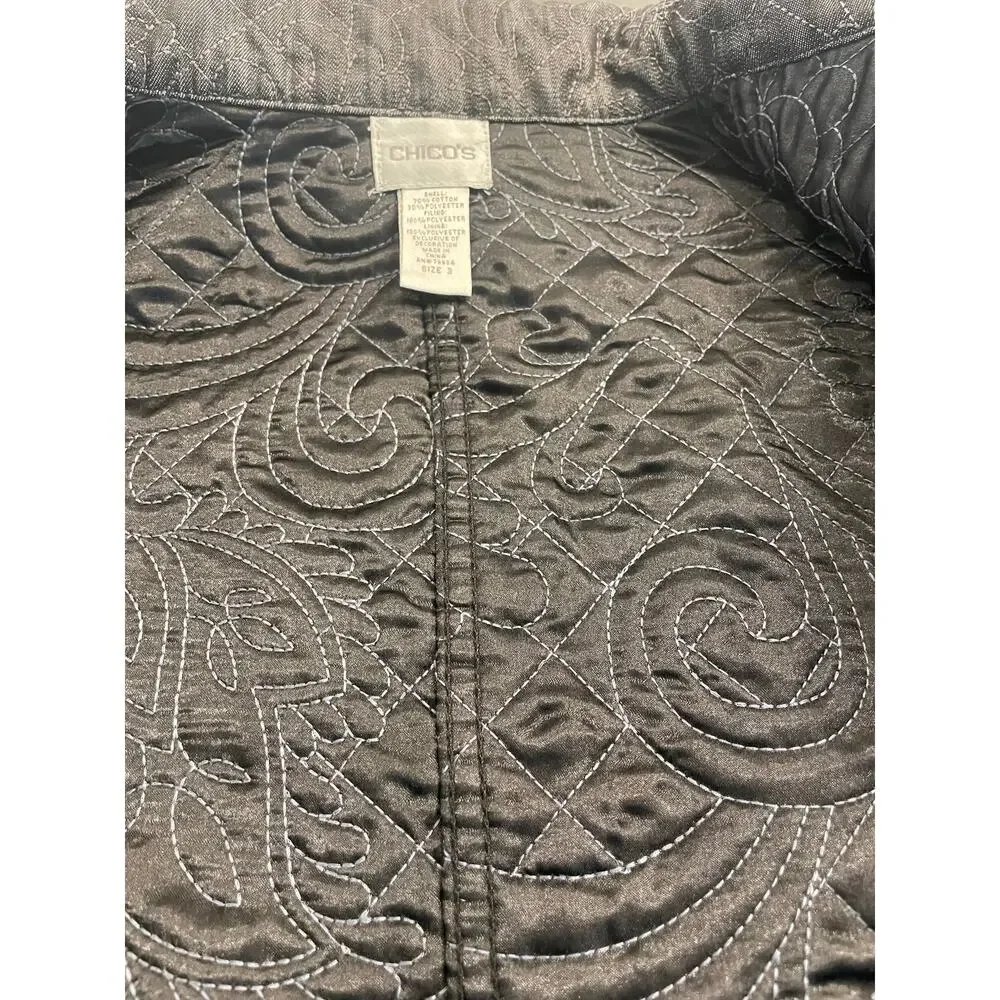 Chico's Charcoal  Black Floral Quilted Jacket Blazer 3/XL Faux Leather accents